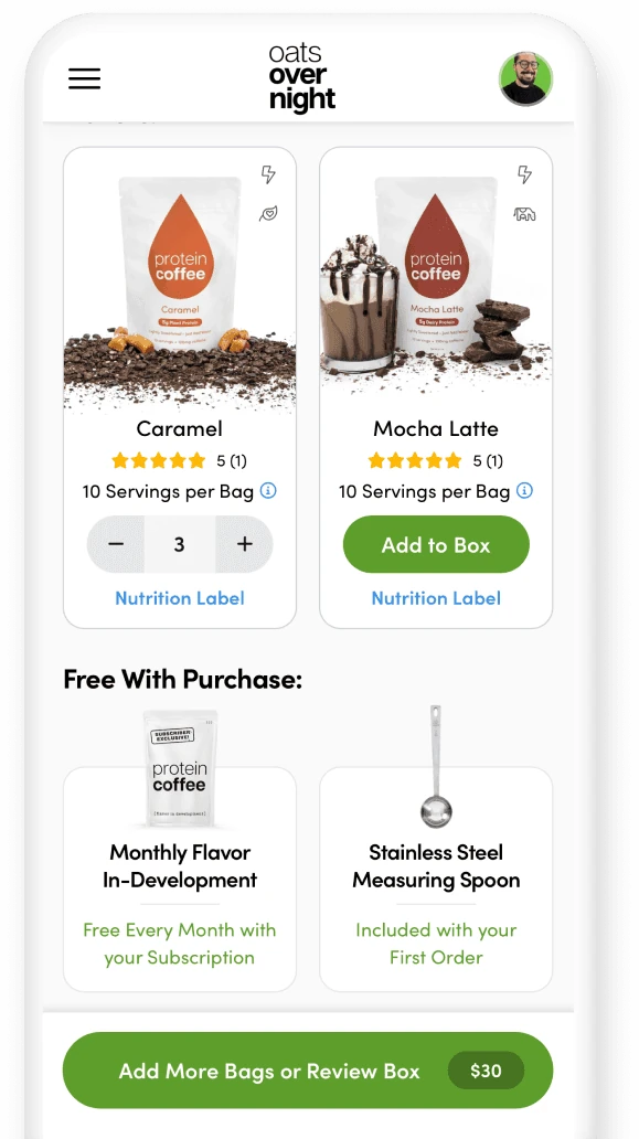 Protein Coffee product selection and order builder in the Oats Overnight app